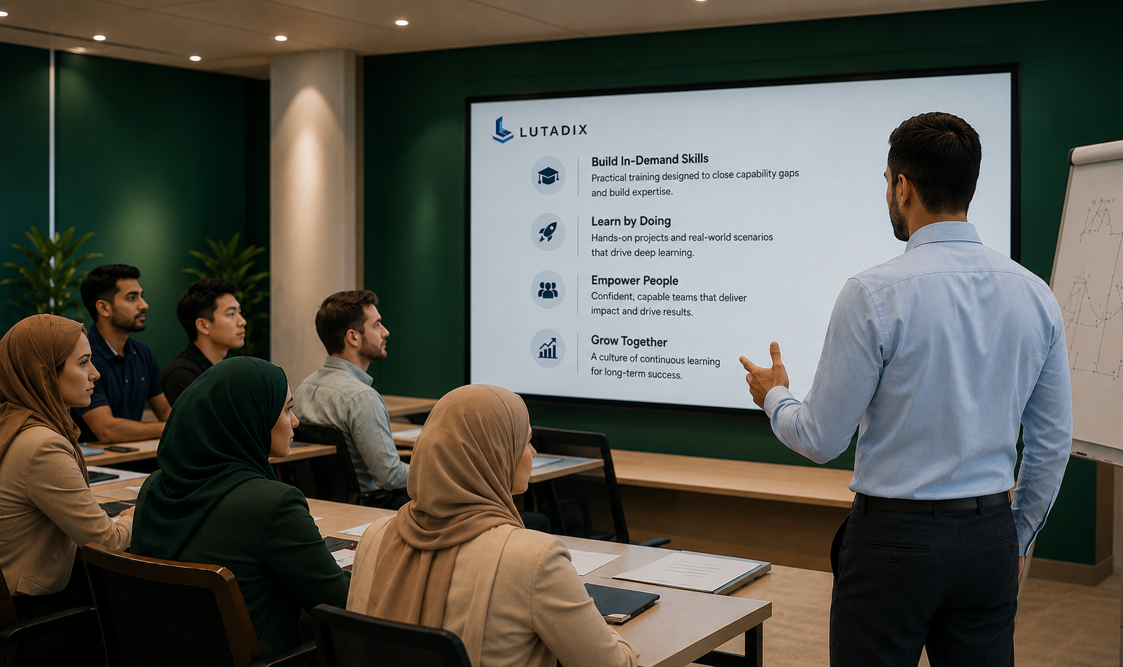 Lutadix corporate training session with a diverse group of professional participants
