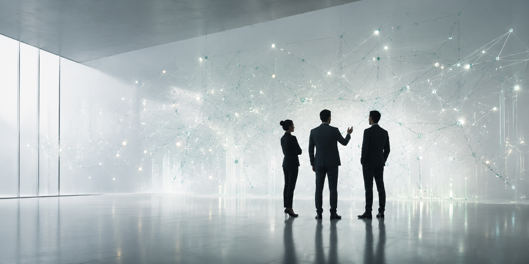 Three professionals collaborating in front of a connected digital knowledge network